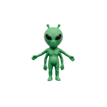 Small green four armed alien toy figurine isolated on white background.