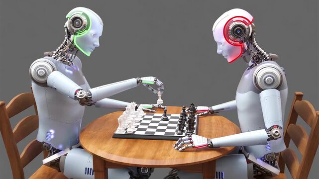 Humanoid robots playing chess, 3D animation representing artificial intelligence, strategic decision making and human‑machine cognitive simulation.