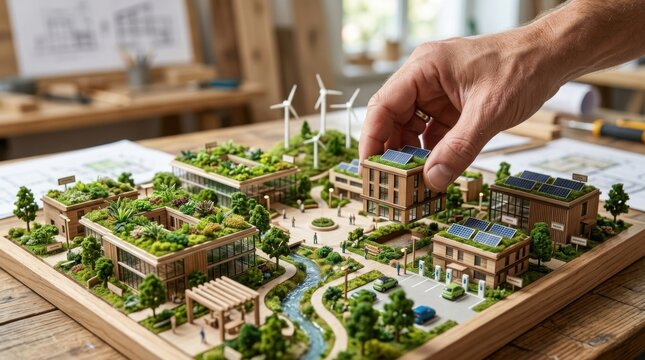 A person's hand touching a model of a house while completing a sustainable business campus for carbon neutral goals