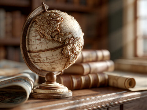 Vintage globe and leather books on wood desk beside antique map, lit by golden sun and soft volumetric rays, blurred shelves background with clean copy space for education, travel and corporate...