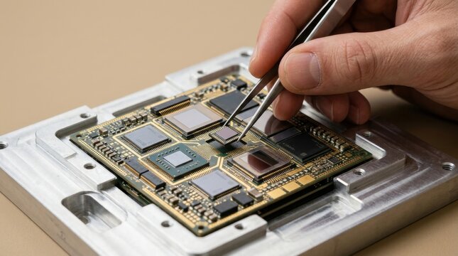 A person using a pen to repair a circuit by placing a processor chiplet in advanced chiplet integration