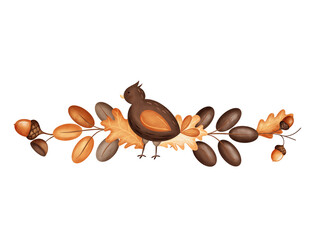 Border with llustration brown bird with oak leaves, acorn. Autumn composition hand drawnon isolated background for packaging design label postcards holidays clothes dishes © Evgeniia