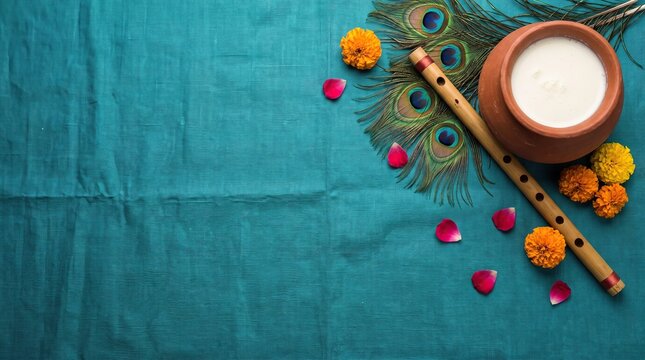 Traditional janmashtami composition with clay pot filled with curd, bamboo flute, peacock feathers, and marigold flowers on blue fabric, indian festival concept, copy space.