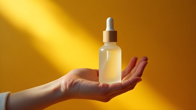 Mano sosteniendo un frasco de suero cosm&eacute;tico con gotero sobre fondo amarillo brillante