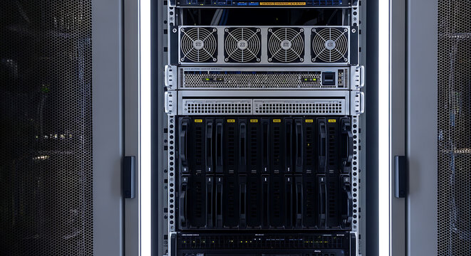 Modern enterprise server rack equipment installed within high density data center infrastructure network storage unit