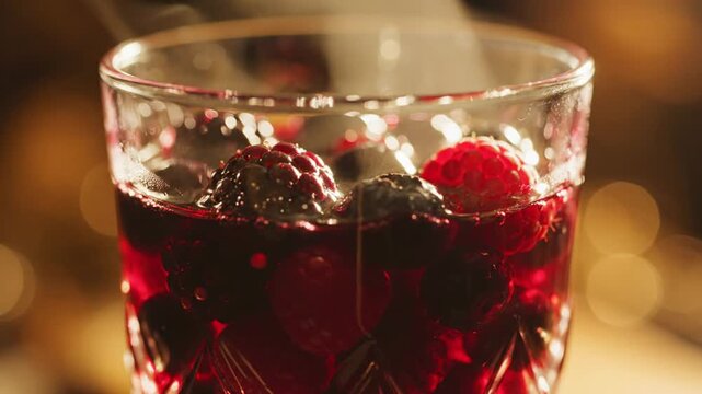 Close-up of fresh berries in a vibrant red drink with bokeh