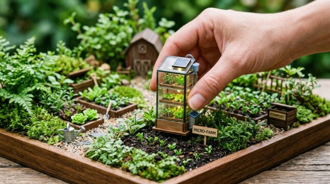 Hand positioning miniature greenhouse tower in sustainable farming garden for eco-friendly agriculture representation