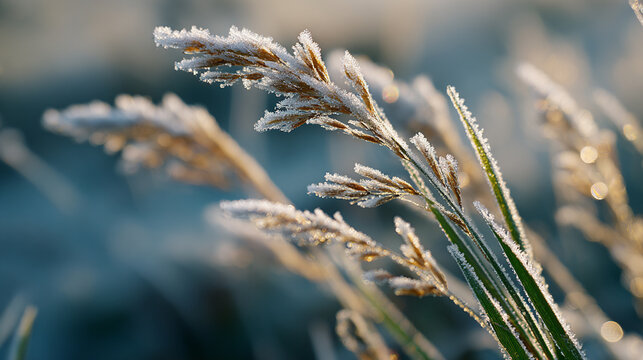 Close up of dry grass spikelets covered with hoarfrost in the cold winter morning light
