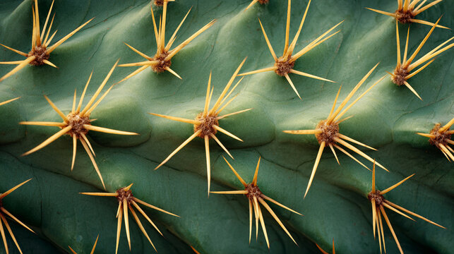 Macro close up of green cactus surface with sharp yellow thorns