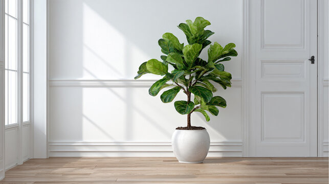 Fiddle leaf fig tree in a white pot standing on a wooden floor in an empty classic white room