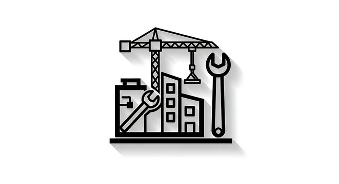 Minimalist construction site icon featuring tower crane and wrench tools for industrial project development planning