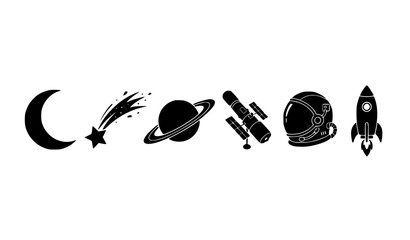 Space Exploration Silhouette Vector Set with Moon Comet Saturn Satellite Astronaut Helmet and Rocket Icons for Astronomy  © Mst Rebeka