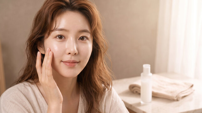 얼굴에 손을 대고 미소 짓는 여성 / Woman Smiling with Hand on Her Face