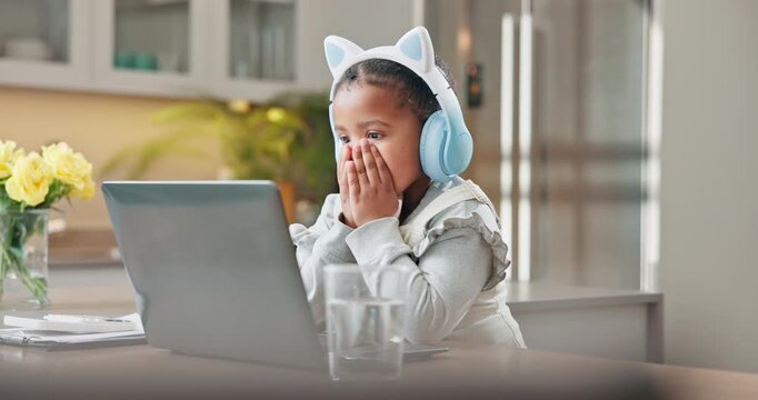 Headphones, shock and tablet with black child in kitchen in home for reading, cartoon or streaming. Online movie, surprise and film subscription with kid in house for wow expression and weekend break