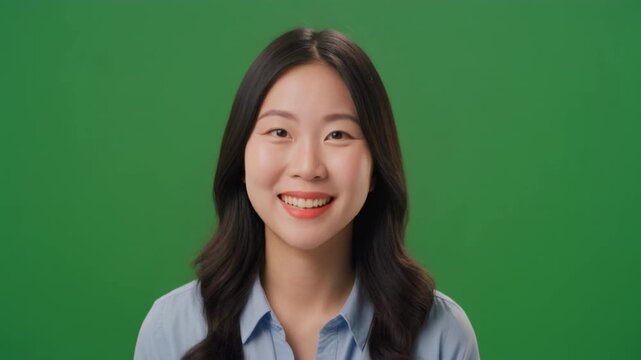 Young Woman Smiling Naturally in Studio Against Green Screen with Subtle Camera Zoom