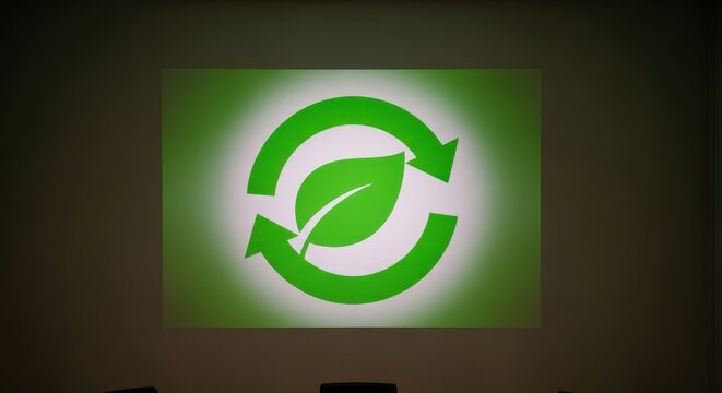 A vibrant, glowing, eco-friendly circular recycle symbol with a fresh green leaf at its core, rendered as a luminous digital graphic projection with a clean flat, isolated on transparent background.