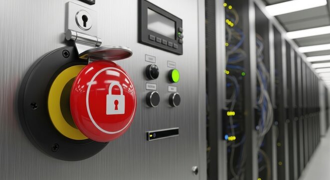 A prominent, glossy red industrial emergency stop button, featuring a crisp white padlock icon, set within a black and yellow bezel, securely positioned on a, isolated on transparent background.