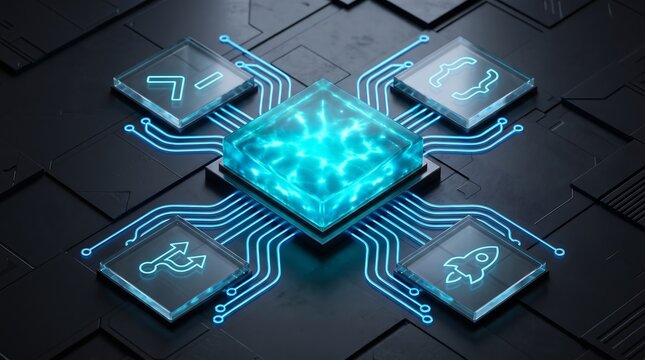 Dark substrate with central 3D electric turquoise glass AI agent tile and developer coding satellite icons, idea for coding assistant, software engineering, DevOps automation