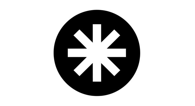 Black circle with white asterisk symbol, minimalist graphic design, abstract icon