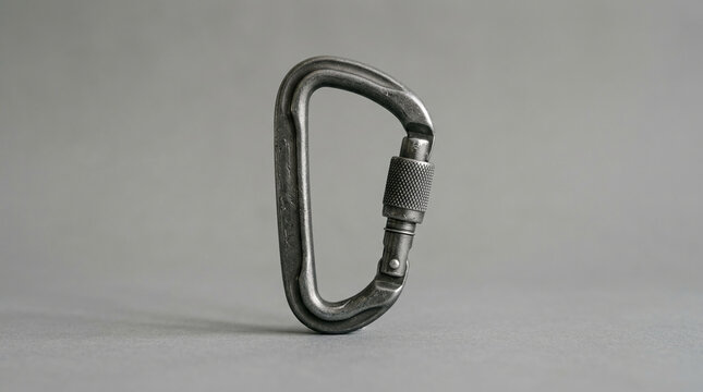 Close-up of a metallic carabiner with a screw-lock gate, symbolizing safety, strength, and secure attachment for outdoor activities.