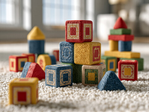 Vibrant wooden educational blocks scattered on cream carpet in sunlit playroom, geometric patterns, shallow depth of field, right negative space for child development campaigns