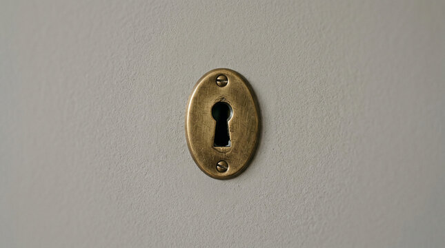 Close-up of a brass keyhole on a textured grey surface, symbolizing access, secrets, and discovery.