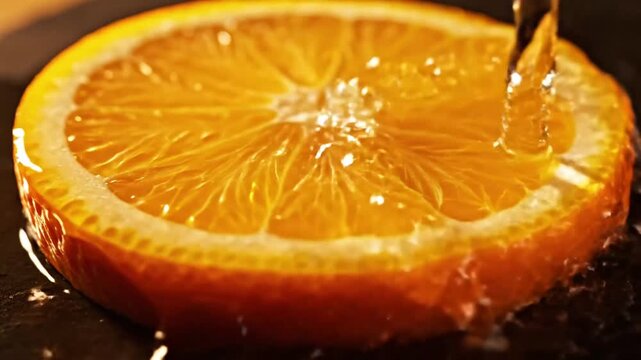 Close-up of fresh orange slice with water droplets on dark background