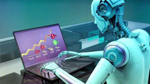 Humanoid robot analysing financial data on a laptop, 3D animation representing artificial intelligence, fintech automation and algorithmic data processing.