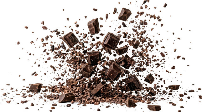 Dark chocolate chunks and shavings exploding isolated on transparent background