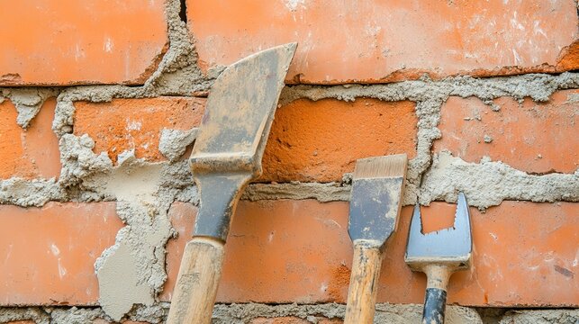masonry. Detailed brick wall construction with neatly arranged masonry tools, natural daylight highlighting textures. real-estate listings.