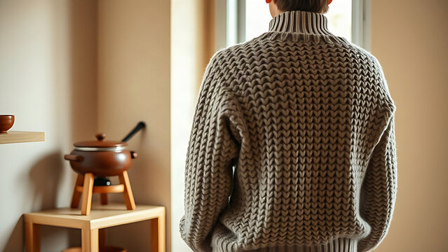 Person in chunky knit sweater beside carved wooden alphorn and fondue pot, alpine lifestyle display concept