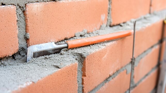 masonry. Detailed brick wall construction with neatly arranged masonry tools, natural daylight highlighting textures. real-estate listings.