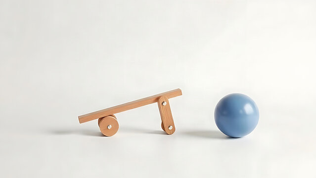 Small wooden seesaw toy with plastic playground ball, childhood balance and nostalgia concept