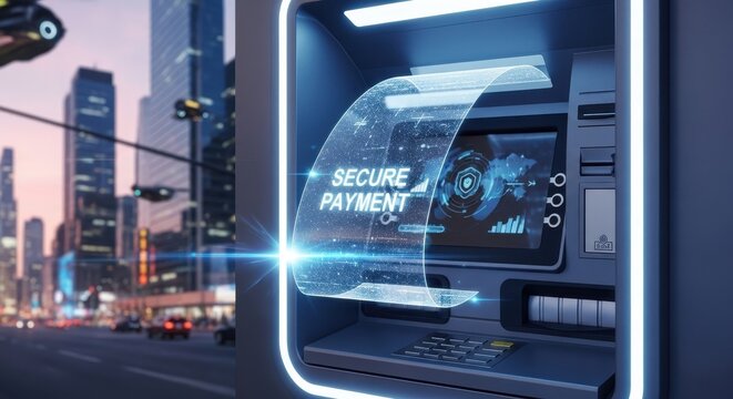 A sophisticated, futuristic, and high-tech automated teller machine or secure payment kiosk, meticulously crafted with dark metallic housing, featuring a vibrant, isolated on transparent background.