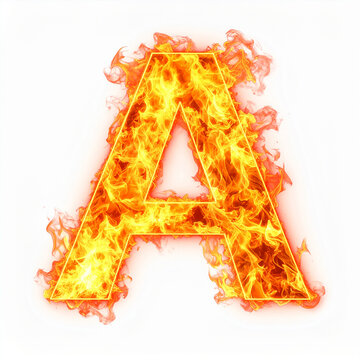 Three-dimensional letter A made entirely from orange and yellow fire flames, isolated on white background, glowing fiery texture, powerful alphabet symbol design. Close-up.