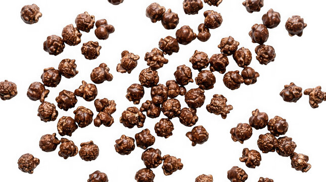 Chocolate covered popcorn pieces falling isolated on transparent background