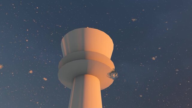 3D Airport Control Tower Building against Twilight Starry Night Sky Background