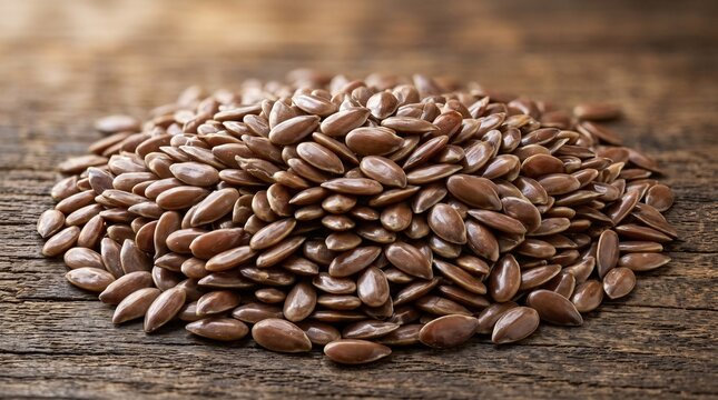 Macro photograph of brown flax seeds pile on rustic wooden background