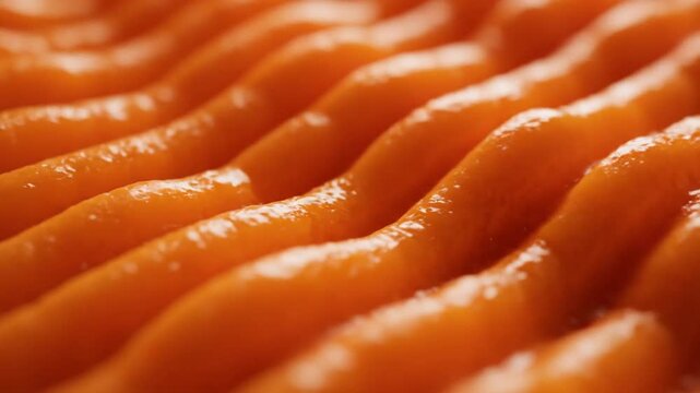 Close-up of glossy orange food texture in wavy pattern