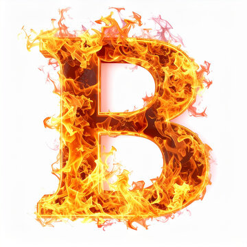 Three-dimensional letter B made entirely from orange and yellow fire flames, isolated on white background, glowing fiery texture, powerful alphabet symbol design. Close-up.