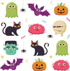 Naklejka premium Halloween Characters Vector Illustration With Spooky Elements And Dark Background