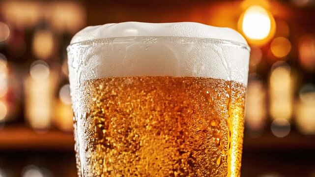 Close-up of golden beer glass with foam and condensation in a blurred bar