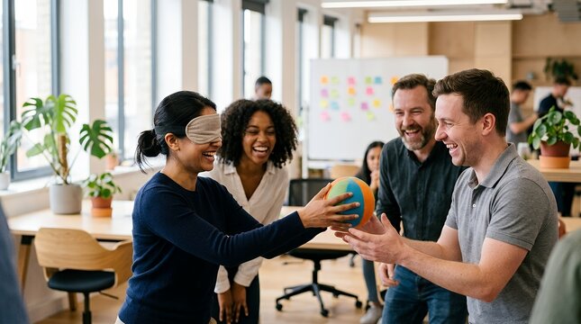 Diverse group of colleagues playing a blindfolded trust building game in a modern office.
