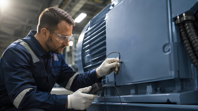 Industrial worker places vibration probe during machine inspection