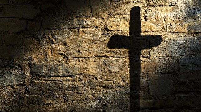chiaroscuro. A cross shadow on a rough stone wall, gentle movement from a candle flame, dramatic light and shadow. symbolizing life milestones and joyful moments.