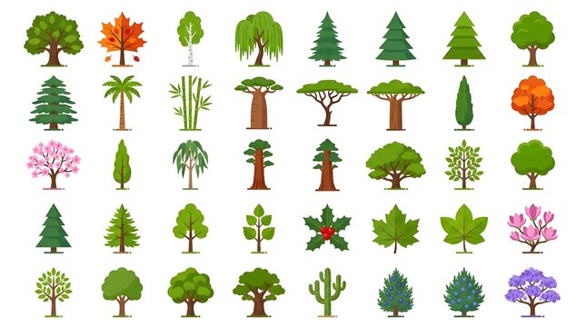 Set of various flat vector trees and plants isolated on white background. Different tree species, including coniferous, deciduous, tropical, flowering, and evergreen types, perfect for landscape