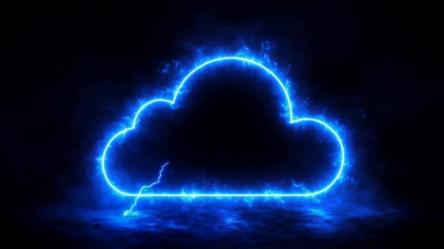 Glowing blue electric cloud shape with lightning bolts and digital energy on dark background