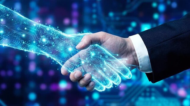 Human businessman shaking hands with a futuristic digital robot hand in a high tech network space