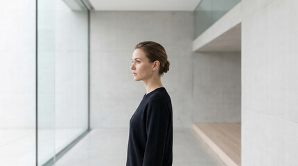 Fototapeta premium Woman in black facing left in a minimalist interior, symbolizing contemplation, introspection, and modern aesthetics, suitable for lifestyle or business themes