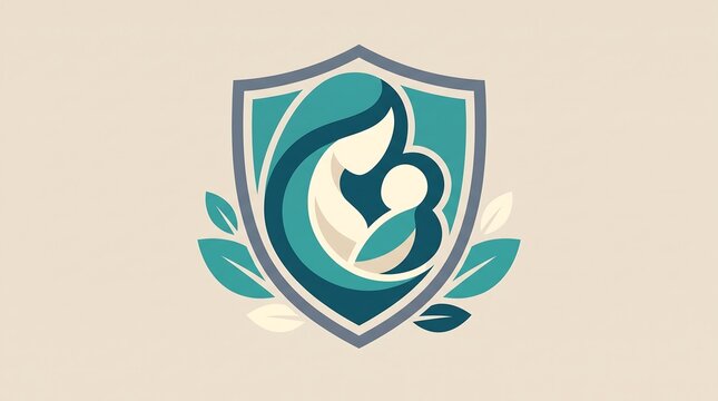 Abstract illustration of a mother holding her baby inside a protective shield with leaves.